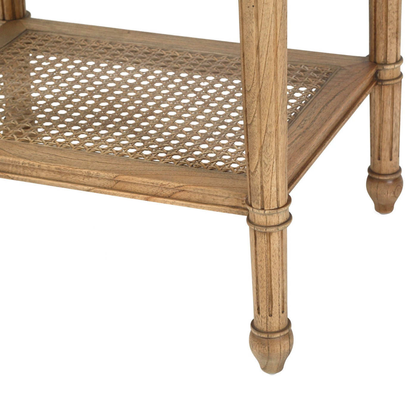 Wooden side table with wicker basket weave design on a white background