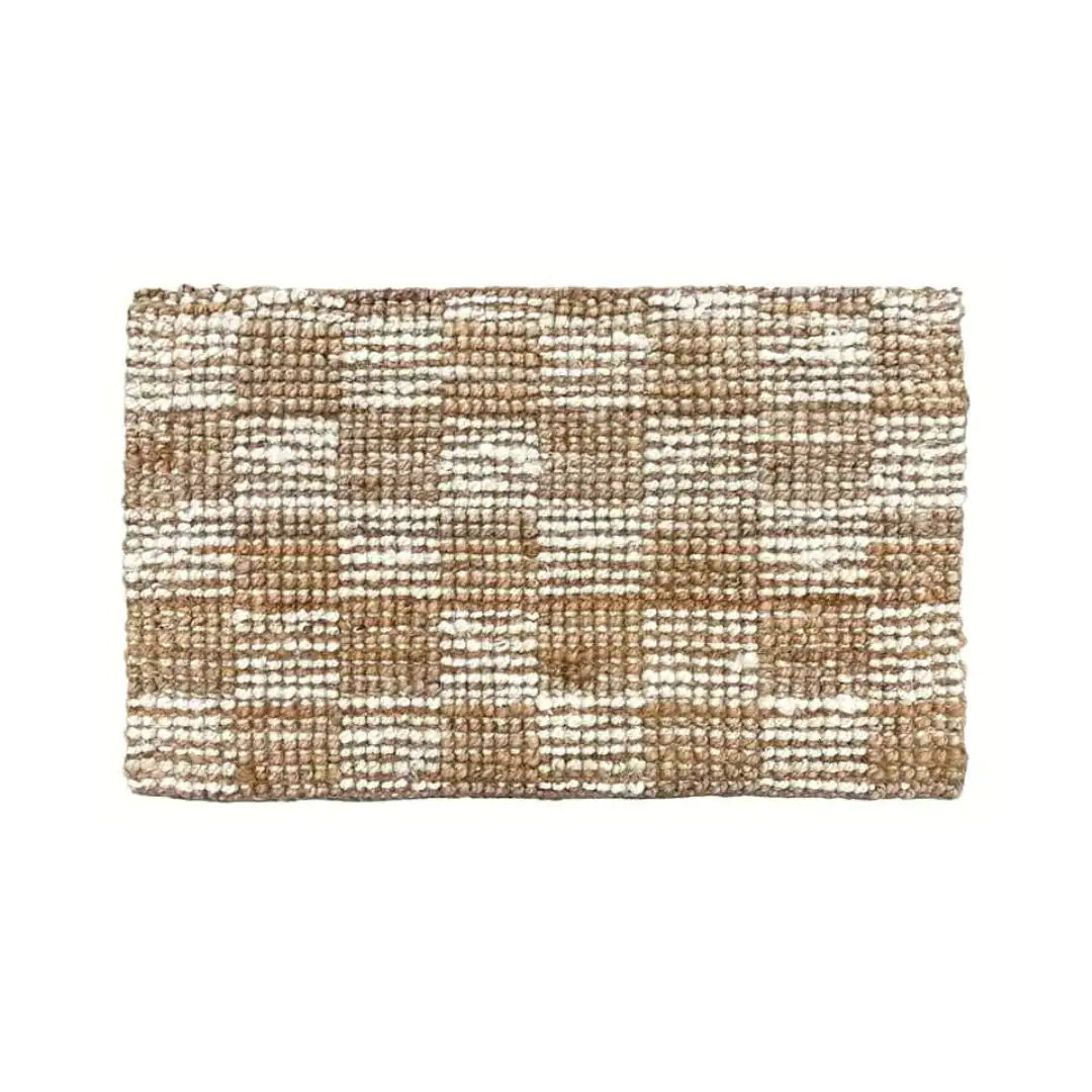 Textured woven mat with a checkered pattern on a white background