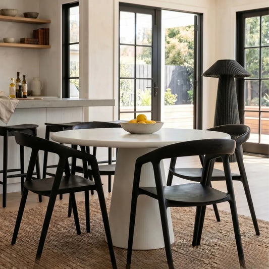 Malawi Cane Floor Lamp in Black in a modern kitchen dining room setting