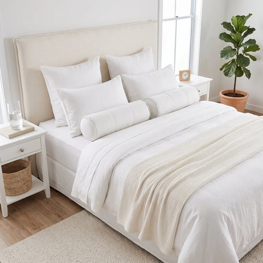 A neatly made bed in a bright bedroom setting, dressed in white bedding with multiple white pillows, a cylindrical bolster pillow, and a cream ribbed throw blanket. The bed has a tall upholstered headboard and is flanked by white bedside tables with small decor items, a window, and a potted green plant.