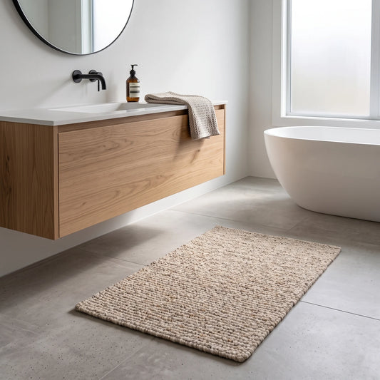 A rectangular woven bath mat in a natural beige tone, styled on a gray tiled floor in a modern bathroom next to a floating wooden vanity and a freestanding bathtub.