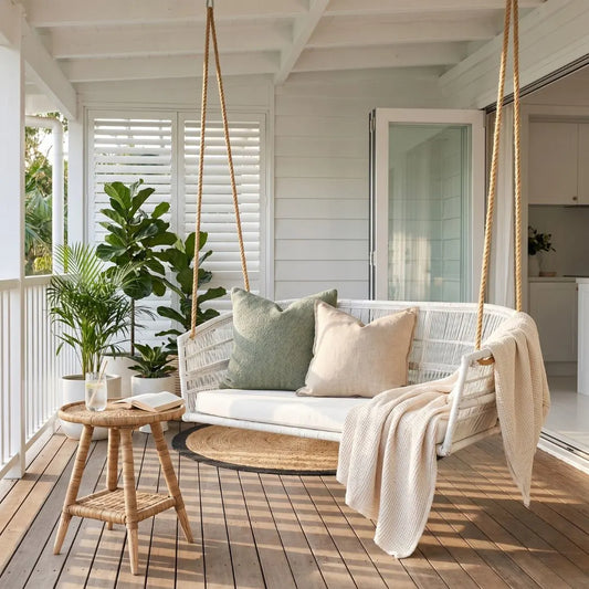 White wicker swing with cushions on a wooden deck with plants and a small table.