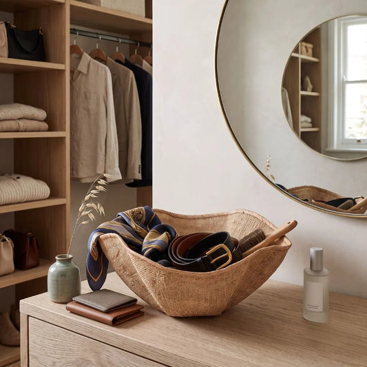 A woven natural-fiber bowl filled with belts and a patterned scarf sits on a light wood dresser in a styled closet area, with shelves, folded textiles, a round mirror, and a bottle nearby.