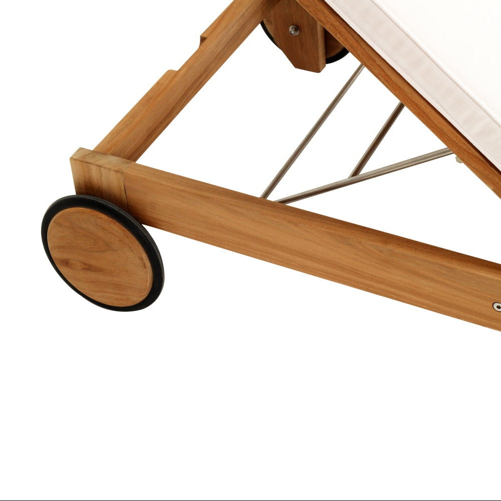 Close-up of a wooden rolling frame or bed frame with a light wood finish, black-walled wheel, and metal support structure on a white background.