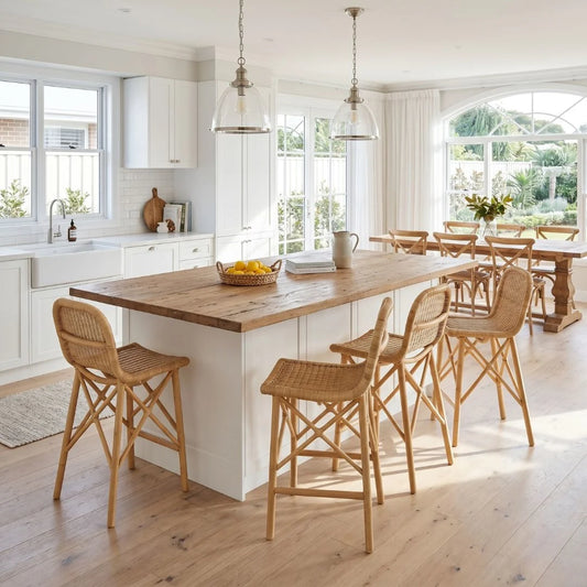 Sun Republic natural rattan counter stool at a modern coastal kitchen island bench