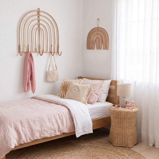 Sun Republic natural rattan decorative wall decor styled in a modern coastal boho girls bedroom
