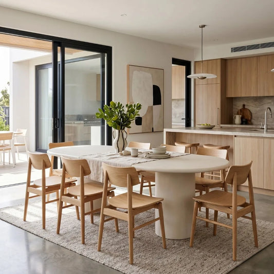 Modern dining area with wooden chairs and a round table in a well-lit room.
