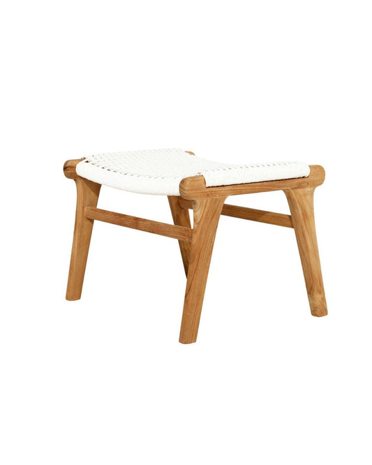 Teak stool with a white woven seat on a white background