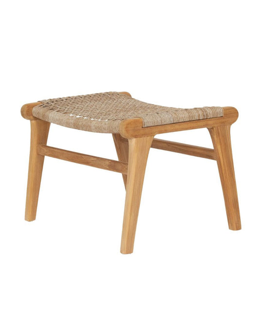 Teak Ottoman footstool with woven seat on a white background