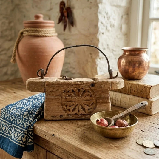 Vintage wooden box with a decorative lid on a rustic wooden surface with books and copper pot.