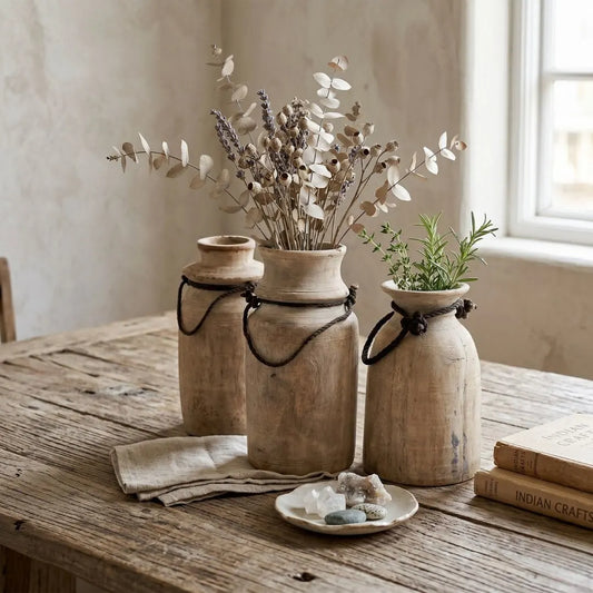 Three rustic vases with dried plants on a wooden table.