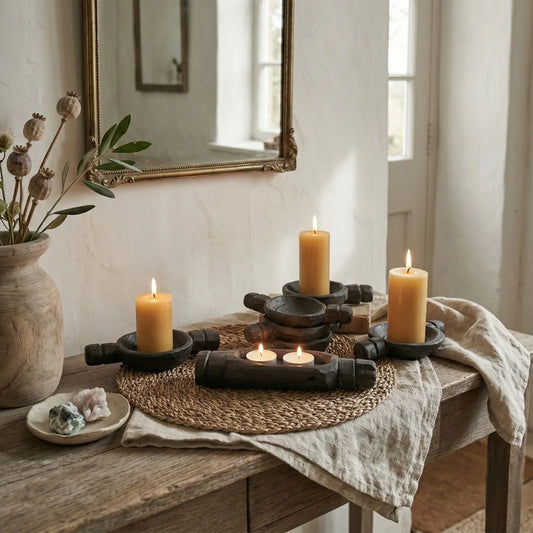 Candles on a wooden table with a mirror and decorative items in a room.