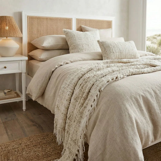 Neatly made bed with wabi textured throw blanket bedding and pillows in a bedroom setting.
