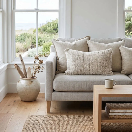 Living room with a beige sofa, coffee table, and decorative items.