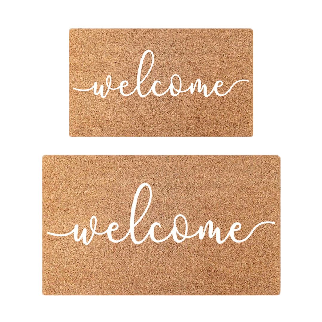 Two brown doormats with 'welcome' text on a white background