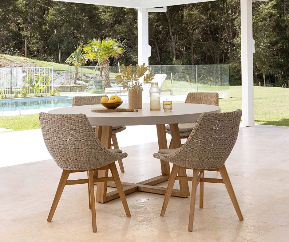 Amalfi Beech Stone 160cm Round Dining Table Handcrafted Stone Top Acacia Timber Legs SUN REPUBLIC