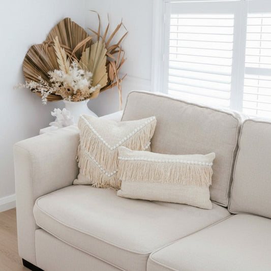 Amelia Shell Embellished Lumbar Cushion Cover 50x30cm - Handloomed Cotton with White Shells & Fringe Sun Republic