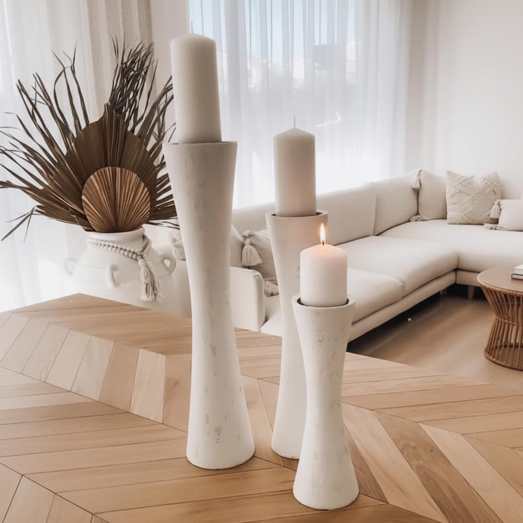 White Wash Candle Holders - Set of 3