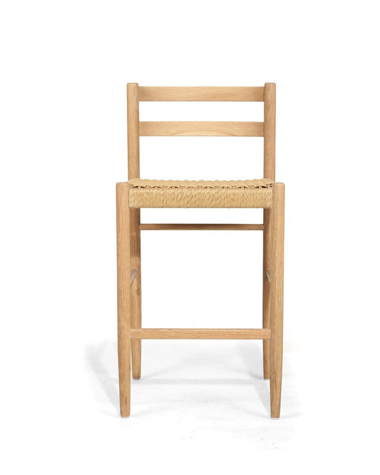 American Oak Kitchen Counter Stool with back rest and woven seat on a white background