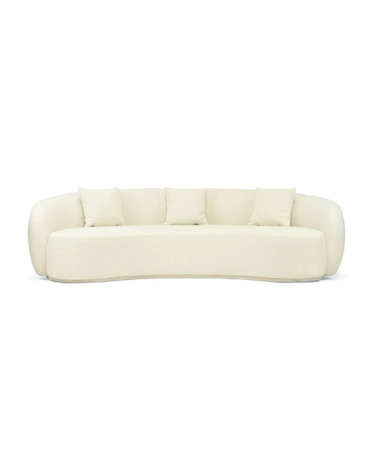 Off white colored linen curved sofa on a white background