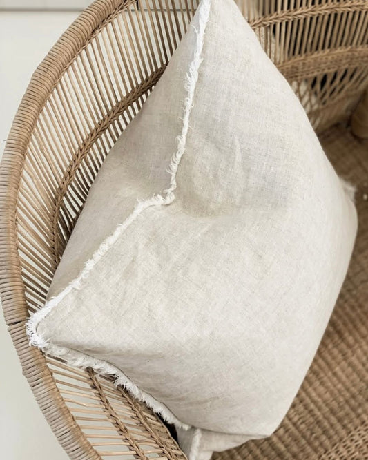 Flax Linen Cushion Cover (Fringed Edge) Feather + Oak