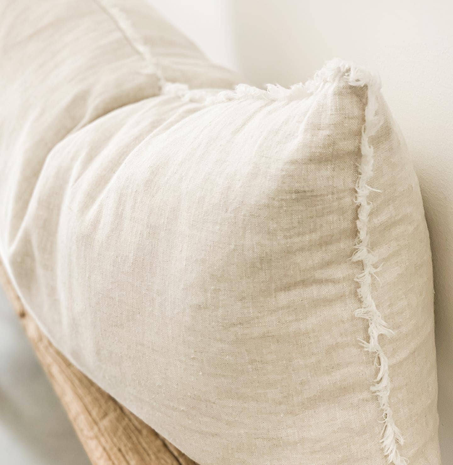 Flax Linen Lumbar Cushion Cover (Fringed Edge) Feather + Oak