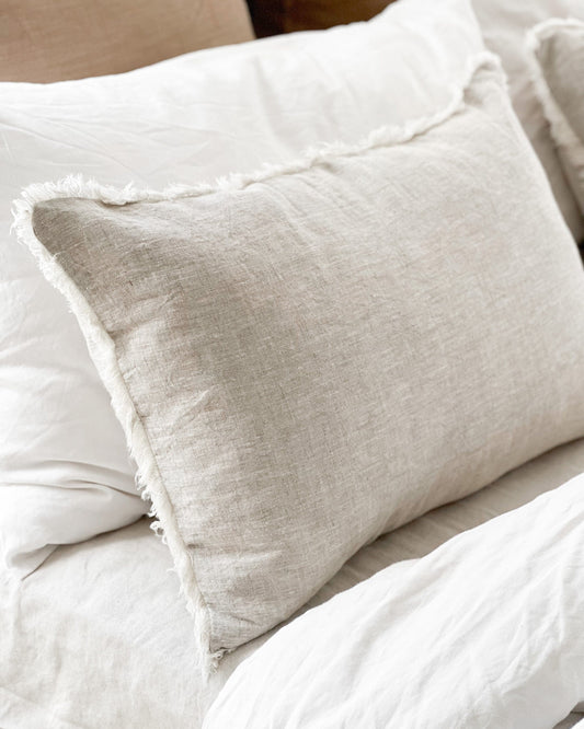 Flax Linen Lumbar Cushion Cover (Fringed Edge) Feather + Oak