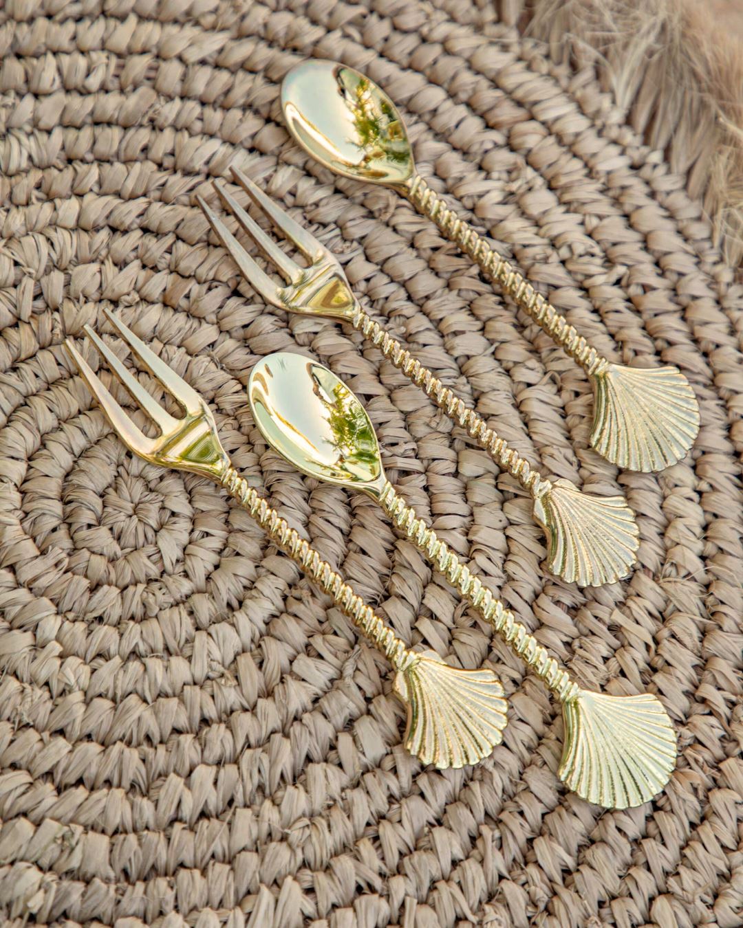 Gold Brass Clam Shell Tea Spoon & Fork - 14cm Sun Republic