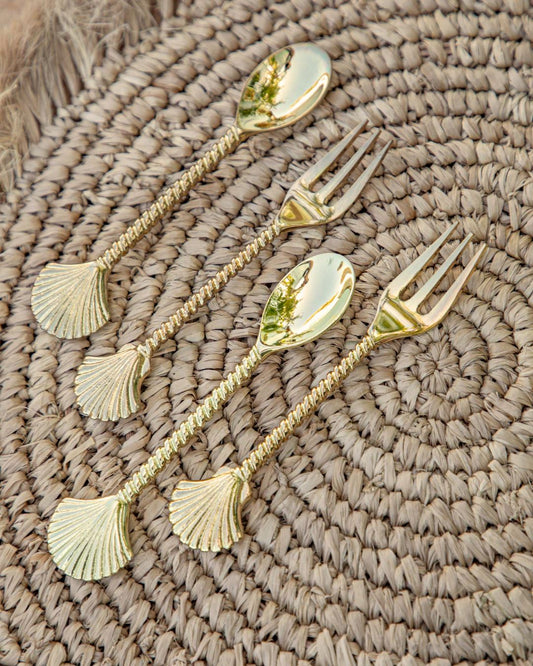 Gold Brass Clam Shell Tea Spoon & Fork - 14cm Sun Republic