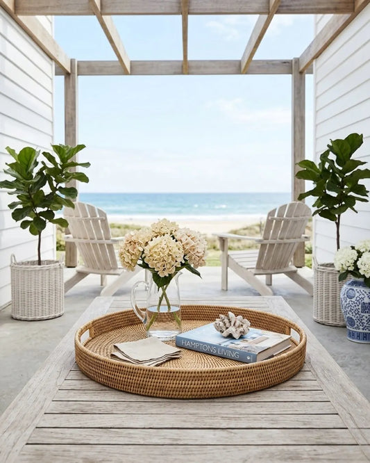 Outdoor patio with wooden deck, chairs, plants, and a view of the ocean.