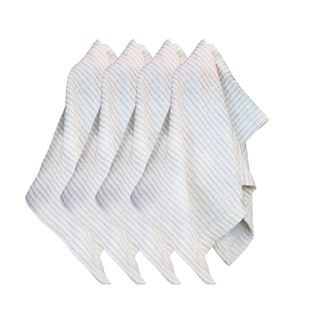 Set of four white and natural striped napkins on a white background