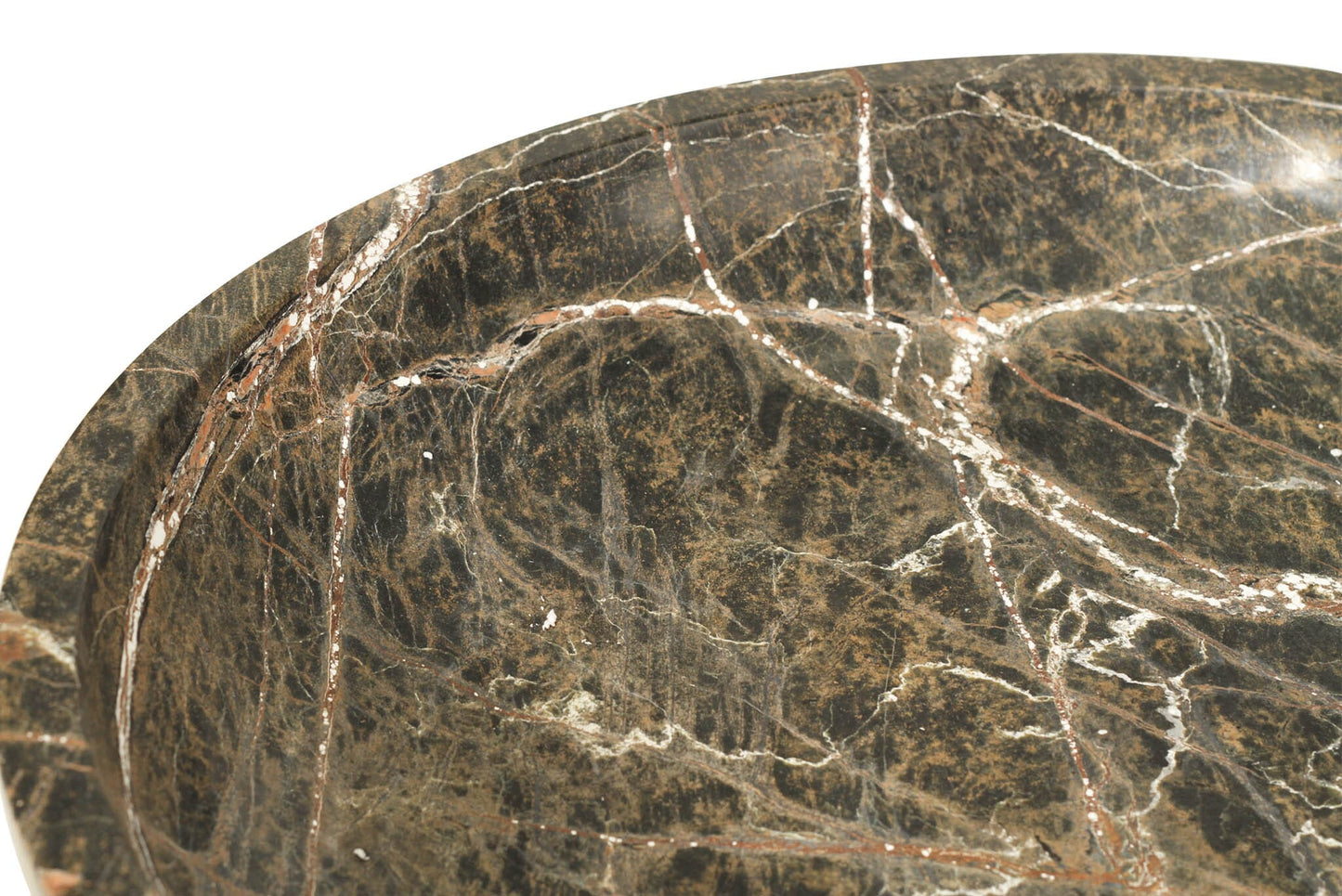 Close-up of a marble bowl with brown and beige patterns