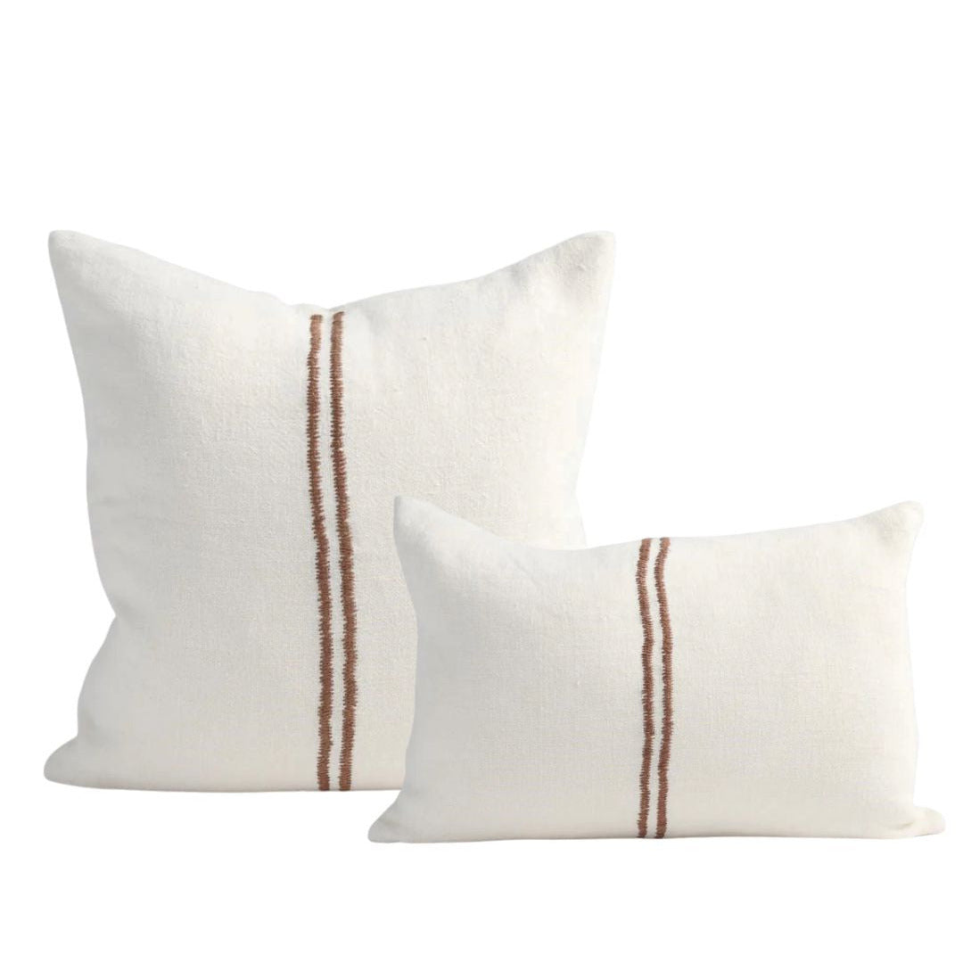 Orion Linen Cushion Off White/Chocolate with Feather Insert | Square & Lumbar Sun Republic
