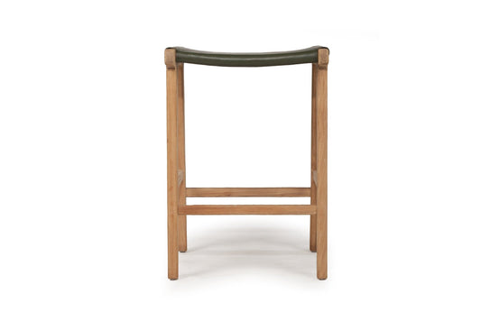 Otis Leather & Teak Saddle Counter Stool - Olive Sun Republic