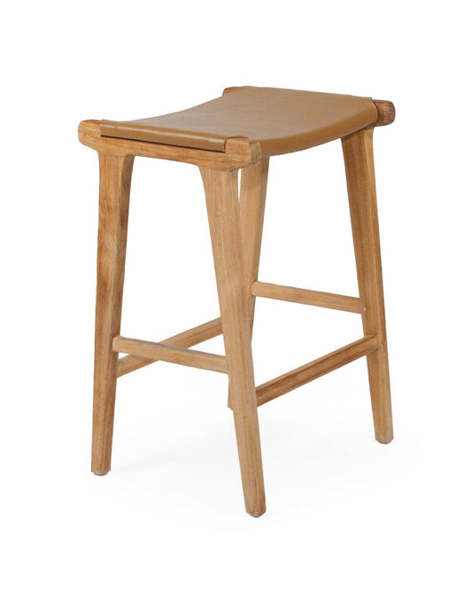Otis Leather & Teak Saddle Counter Stool - Tan Sun Republic