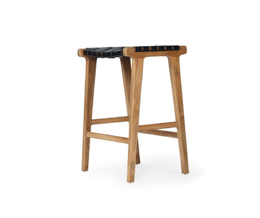 Otis Woven Leather & Teak Saddle Counter Stool - Black Sun Republic