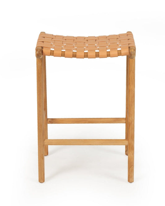 Otis Woven Leather & Teak Saddle Counter Stool - Nude Sun Republic