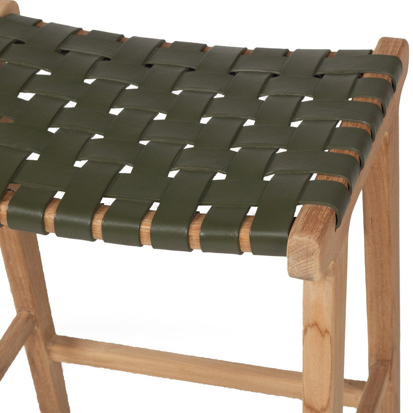 Otis Woven Leather & Teak Saddle Counter Stool - Olive Sun Republic
