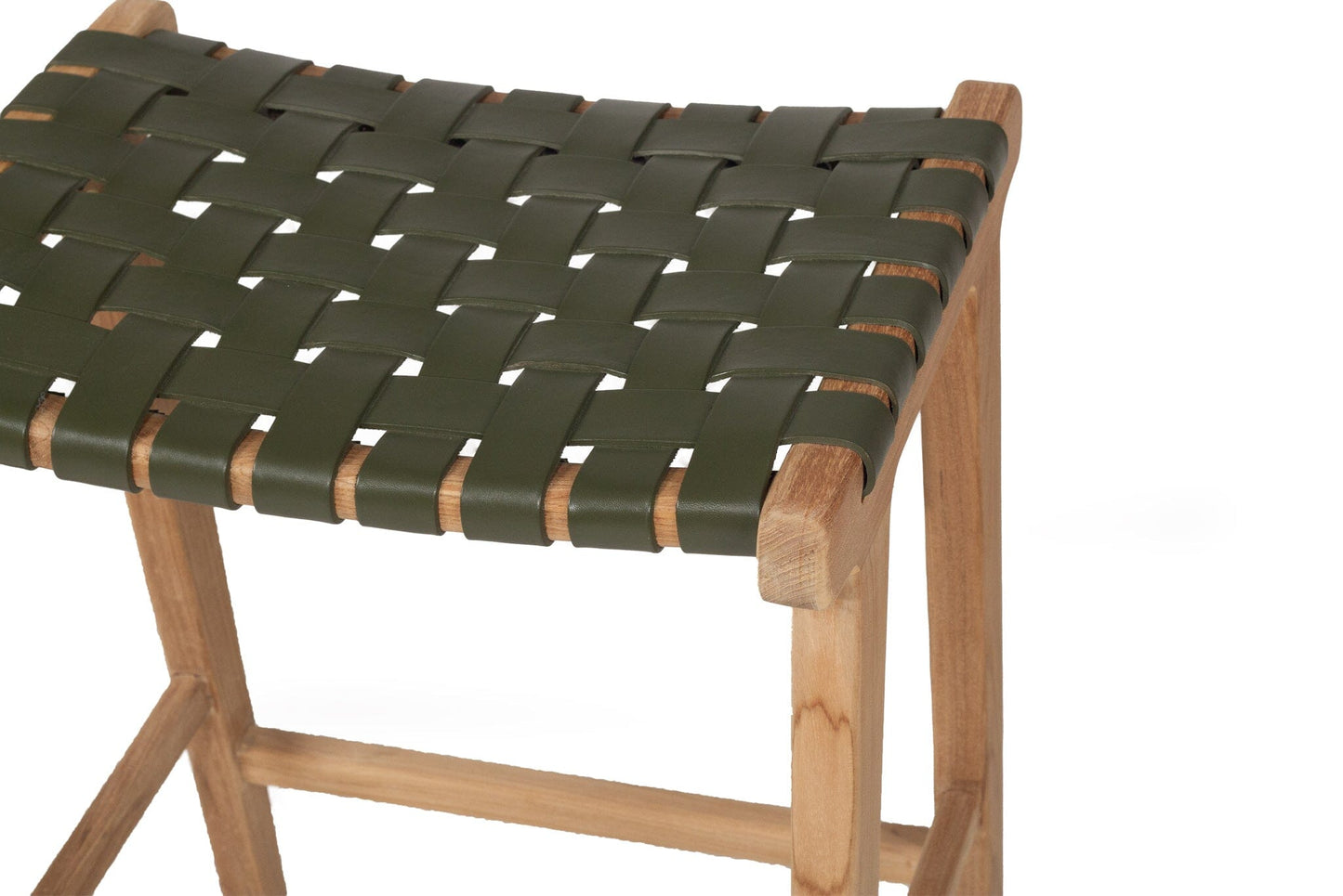 Otis Woven Leather & Teak Saddle Counter Stool - Olive Sun Republic