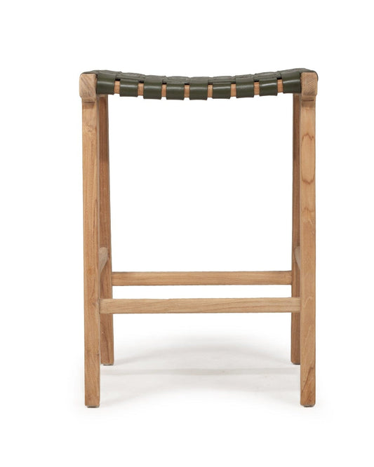 Otis Woven Leather & Teak Saddle Counter Stool - Olive Sun Republic