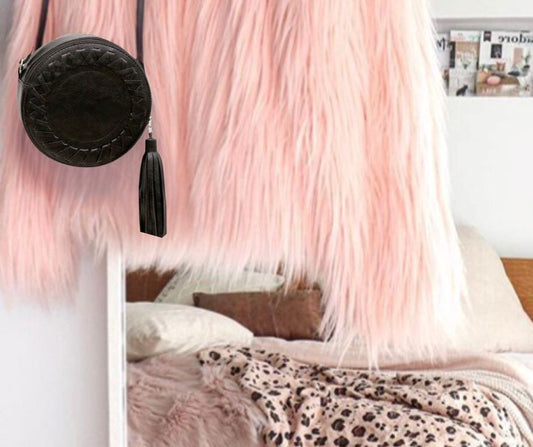 Phoebe Round Boho Bag - Black, Tan & Blush Pink Sun Republic