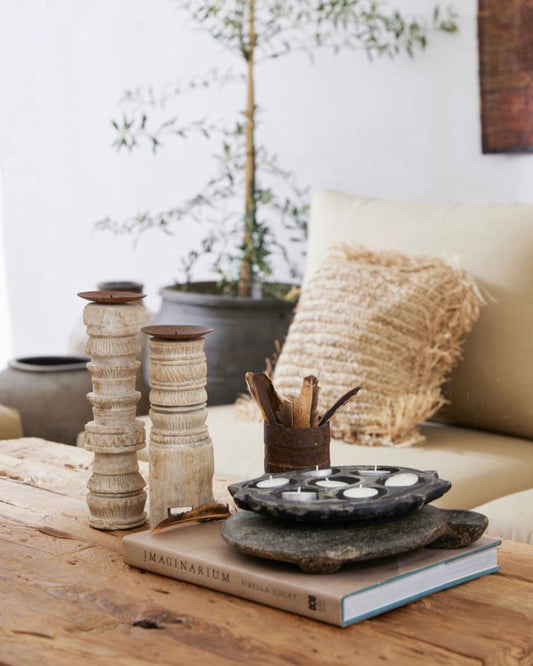 Vintage Indian Wooden Carved Candle Stand Sun Republic