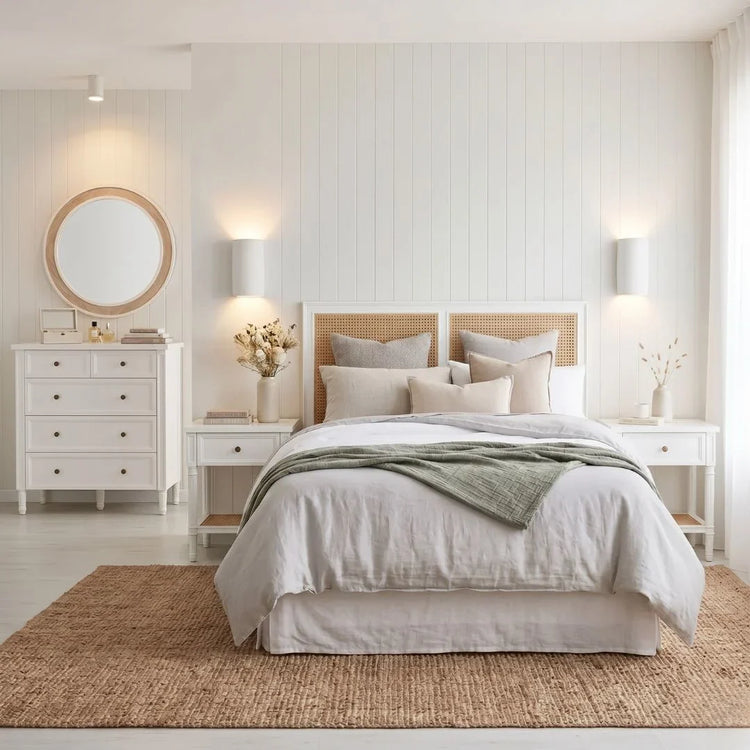 Neatly arranged bedroom with a bed, nightstands, and dresser.
