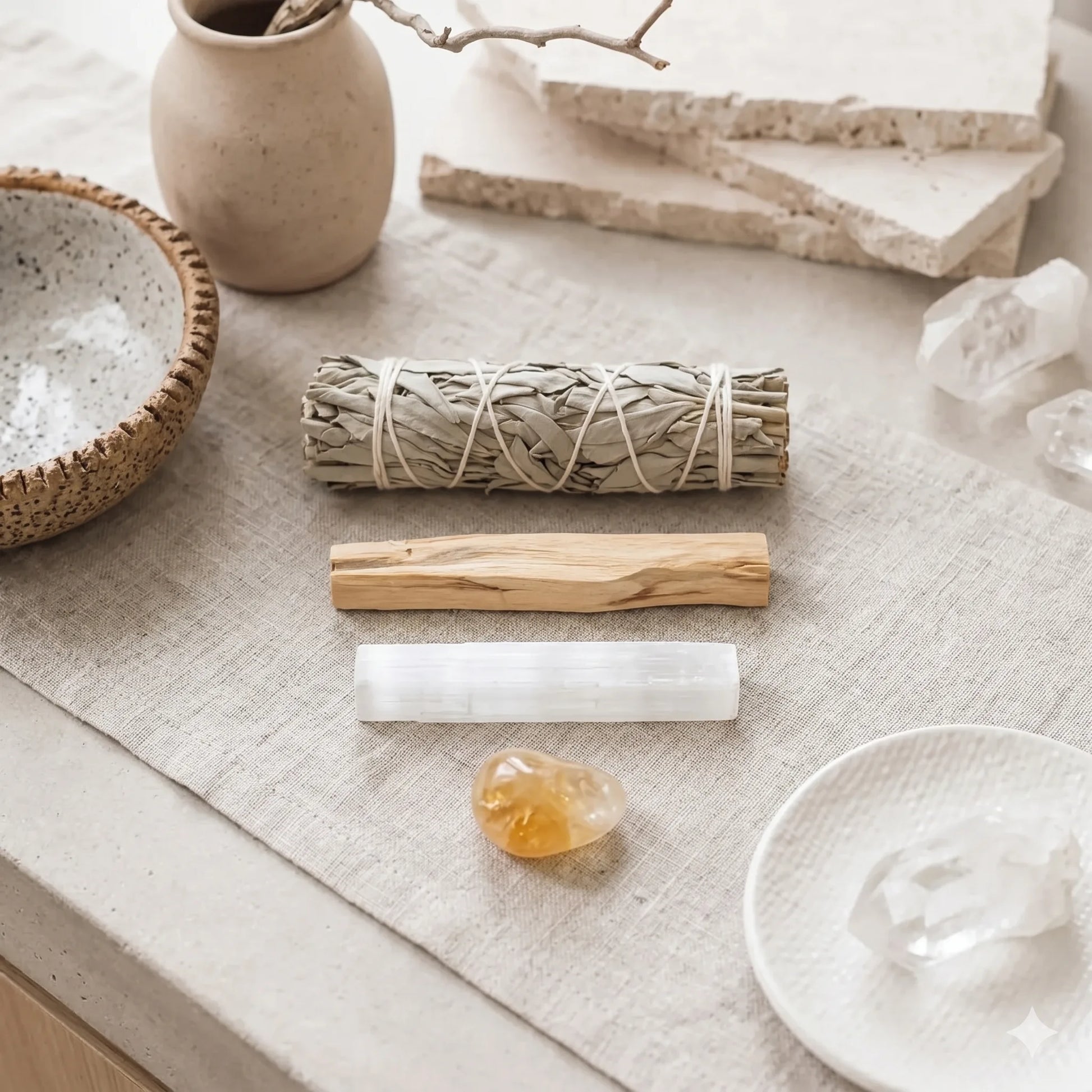 Smudging tools including a bundle of sage, wooden matches, and a crystal on a textured surface.