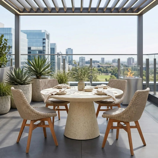 Dining area with round table and chairs on a balcony with cityscape view