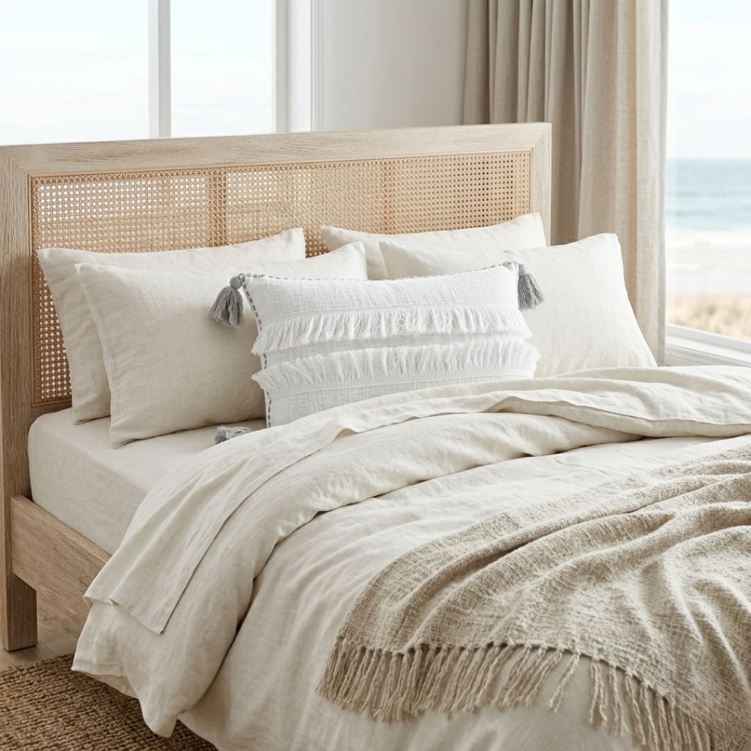 Neatly made bed with beige bedding and pillows in a bedroom setting.