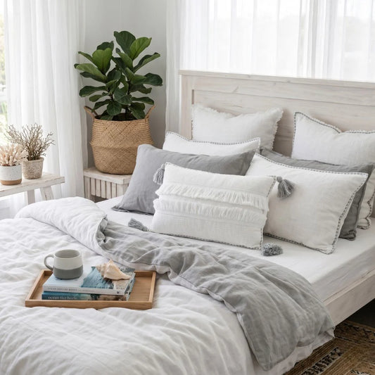 Hampton styled bedroom featuring Sun Republic linen and cushions