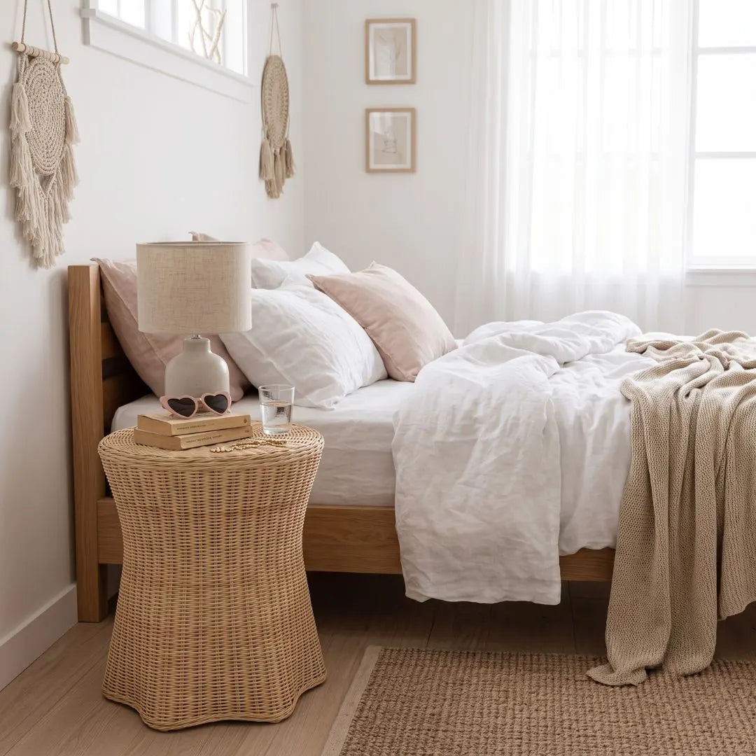 Rattan side table styled as a bedside table in a modern coastal boho bedroom