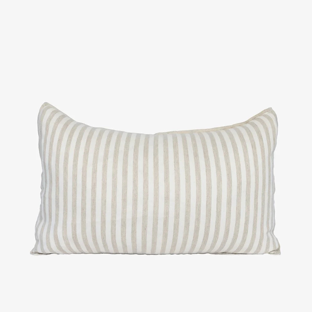 A rectangular throw pillow with vertical stripes in beige and off-white, shown against a plain light gray background.