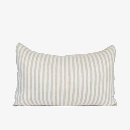 A rectangular throw pillow with vertical stripes in beige and off-white, shown against a plain light gray background.